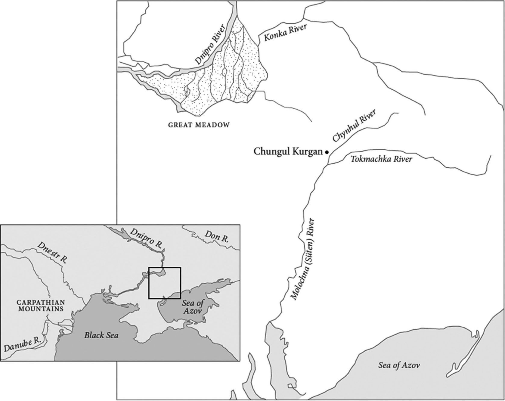 3 Map of the Black Sea region, with enlarged detail showing Dnipro and Azov watersheds