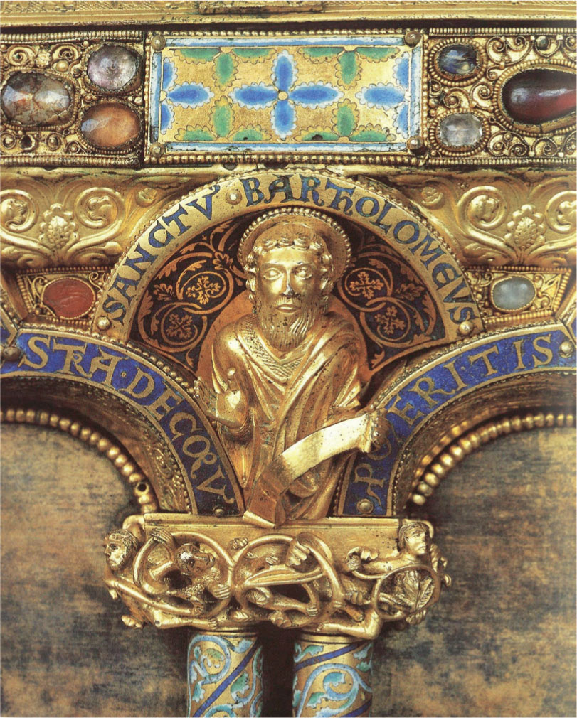 14 Figure of St. Bartholomew and surrounding ornament, detail of Shrine of St. Anno, ca. 1183, gilded bronze, champlevé enamel, rock crystal and other stones over a wooden core, overall dimensions 78 × 157 × 46 cm. Siegburg, St. Michael