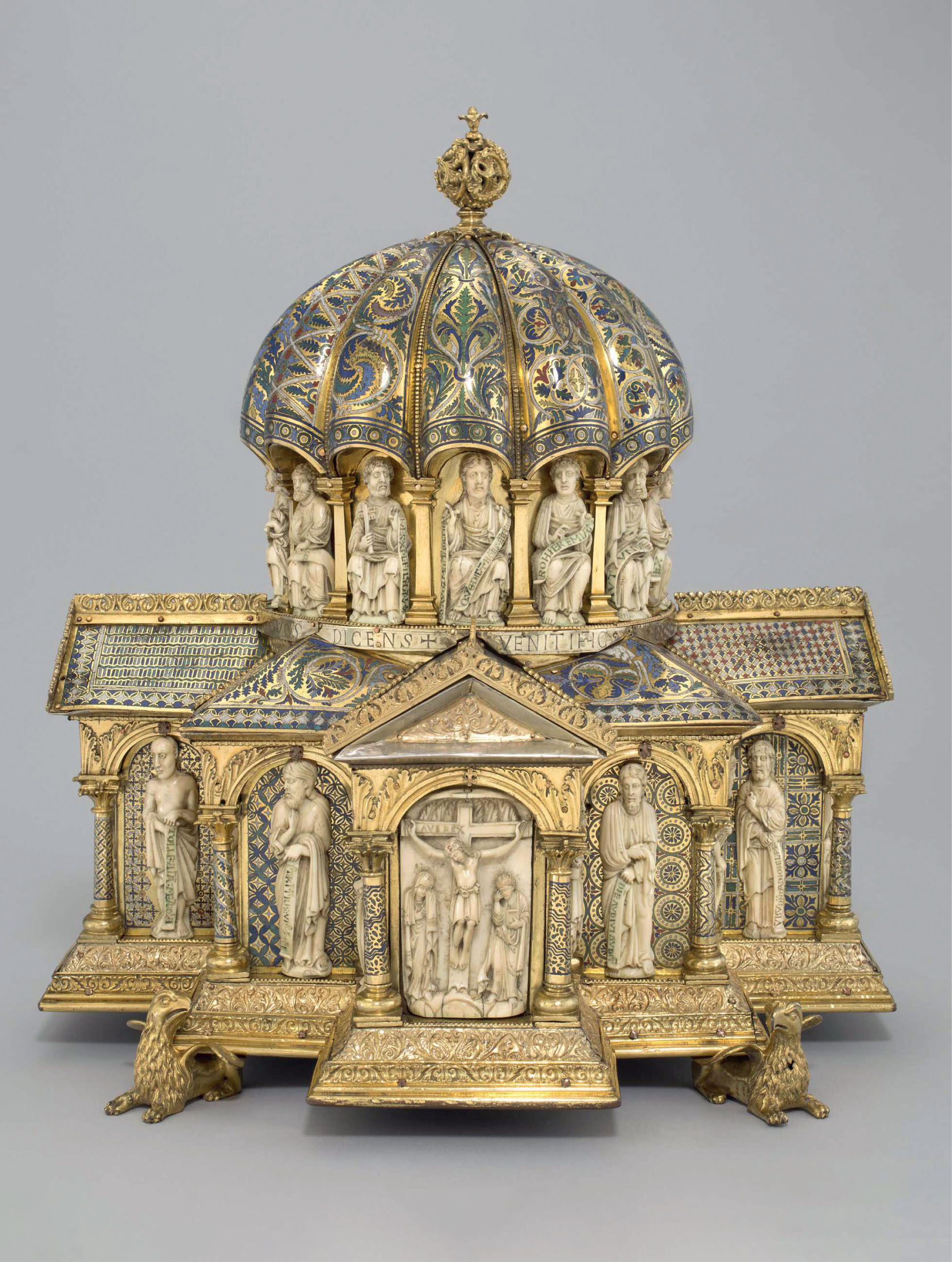 18 Domed reliquary from the Guelph Treasure, end of the 12th century, champlevé enamel and vernis brun on copper, gilded bronze, silver and gilded silver, walrus ivory, over a wooden core, 45.3 × 41 × 41 cm. Berlin, Kunstgewerbemuseum