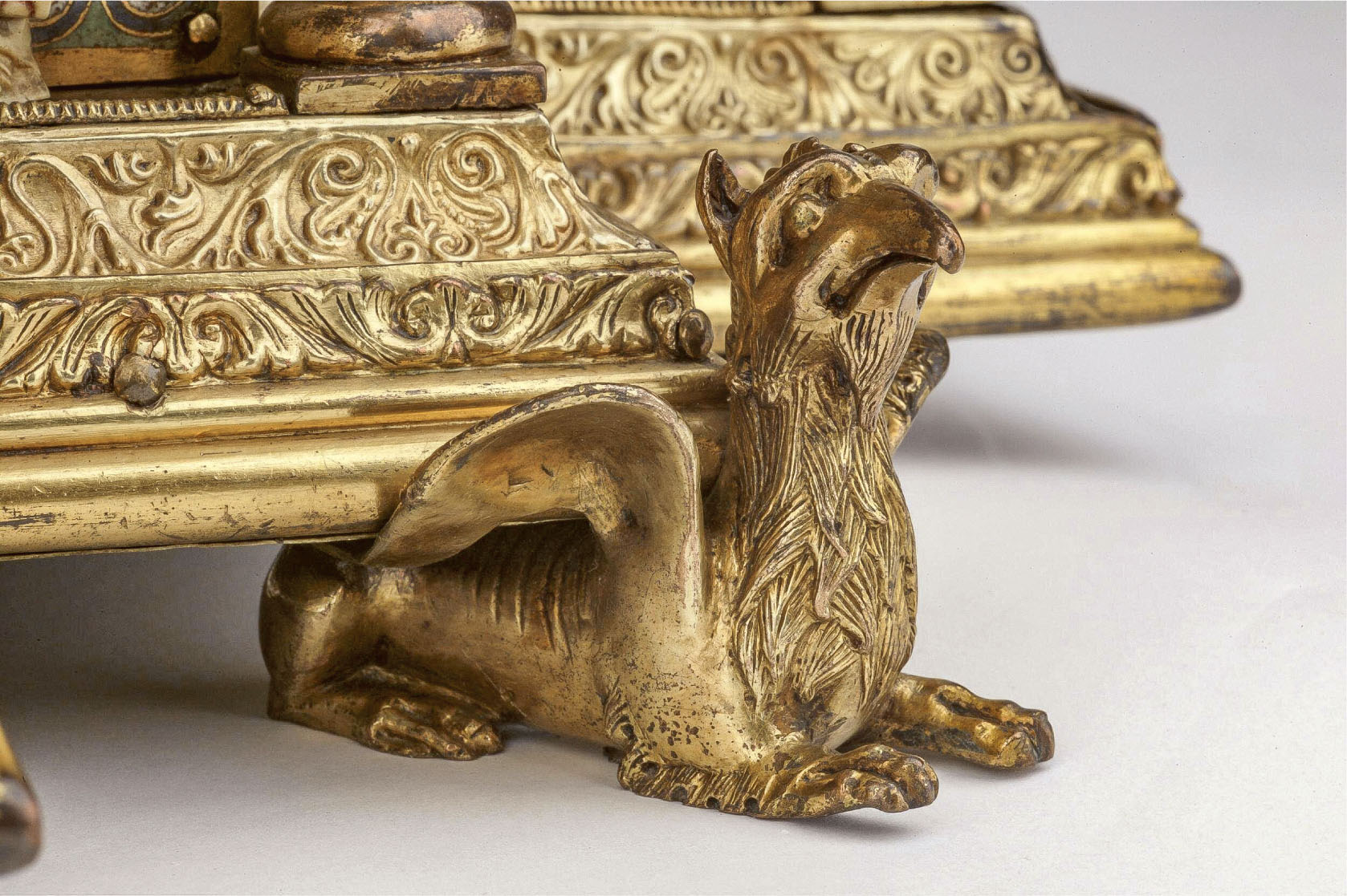 19 Griffin-form foot, detail of a domed tabernacle, probably from St. Panteleon in Cologne, ca. 1180, gilded copper, overall dimensions 55.5 × 51 × 50.8 cm. London, Victoria and Albert Museum