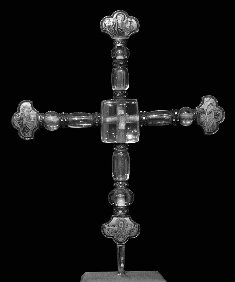 30 
Rock crystal cross from Scheldewindeke, ca. 1175–1200, rock crystal on wooden armature with gilded copper, champlevé enamel, and stones, 42 × 38.5 cm. Brussels, Musées Royaux d’Art et d’Histoire
