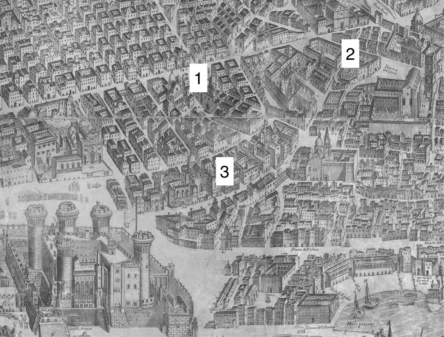 1 Alessandro Baratta, Fidelissimae urbis neapolitanae […] (dettaglio), 1629, incisione su rame, 930 × 2860 mm. Napoli, Certosa e Museo di San Martino (1. San Giovanni dei Fiorentini; 2. Sant’Anna dei Lombardi; 3. San Giorgio dei Genovesi)