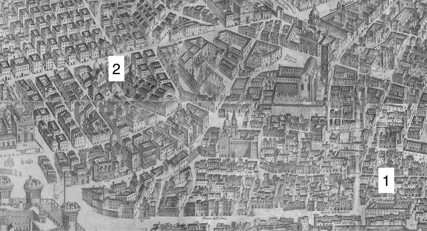 2 Alessandro Baratta, Fidelissimae urbis neapolitanae […] (dettaglio), 1629, incisione su rame, 930 × 2860 mm. Napoli, Certosa e Museo di San Martino (1. Santa Maria ad Portellam; 2. San Giovanni dei Fiorentini)