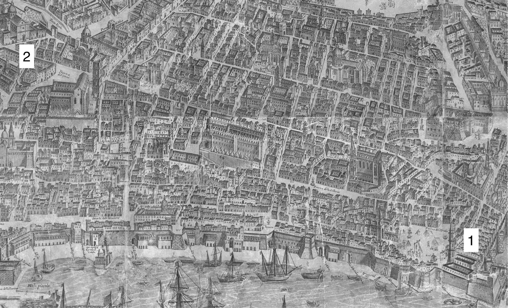 7 Alessandro Baratta, Fidelissimae urbis neapolitanae […] (dettaglio), 1629, incisione su rame, 930 × 2860 mm. Napoli, Certosa e Museo di San Martino (1. Santa Maria del Carmine; 2. Sant’Anna dei Lombardi)