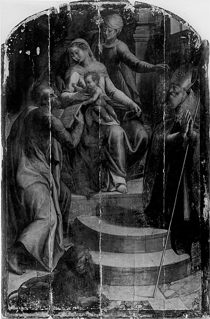 8 Fabrizio Santafede, Madonna col Bambino e i Santi Anna, Marco e Ambrogio, 1596 ca., olio su tavola, 235 × 153 cm. Napoli, Museo e Real Bosco di Capodimonte, depositi