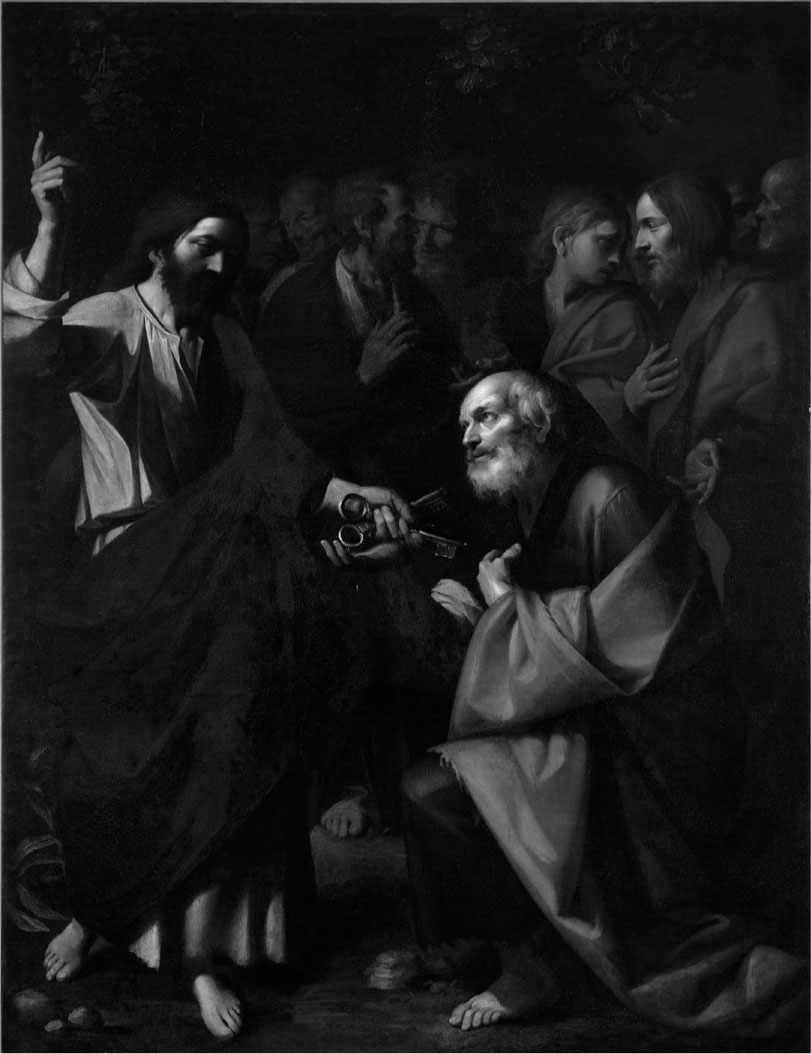 12 Carlo Sellitto, Cristo consegna le chiavi a San Pietro, 1610–1612, olio su tela, 240 × 178 cm. Napoli, chiesa di Santa Maria di Monteoliveto, già in Sant’Anna dei Lombardi