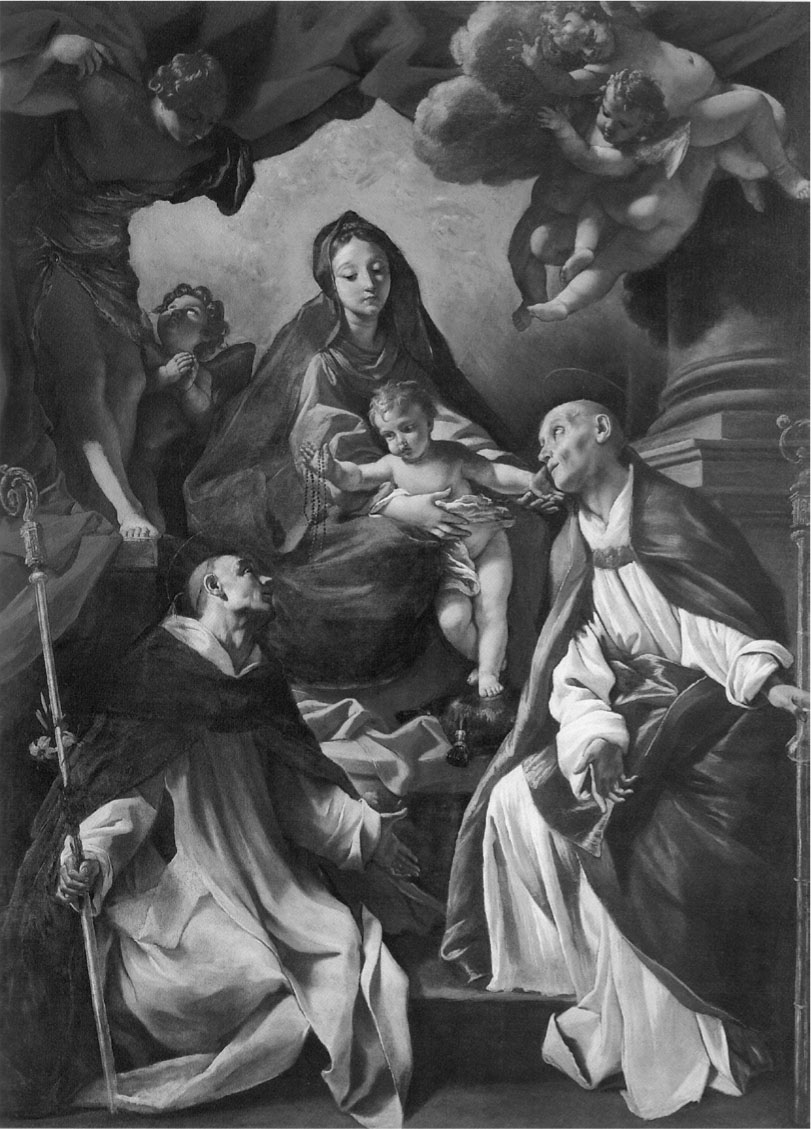 16 Giovanni Lanfranco (con interventi di Luca Giordano nel 1675 ca.?), Madonna del Rosario con San Domenico e San Gennaro (già Madonna con il Bambino, Sant’Ugo e Sant’Antelmo), 1638, olio su tela, 300 × 205 cm.