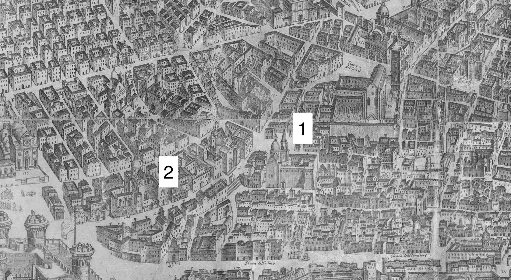 17 Alessandro Baratta, Fidelissimae urbis neapolitanae […](dettaglio), 1629, incisione su rame, 930 × 2860 mm. Napoli, Certosa e Museo di San Martino (1. Santa Maria la Nova; 2. San Giorgio dei Genovesi)
