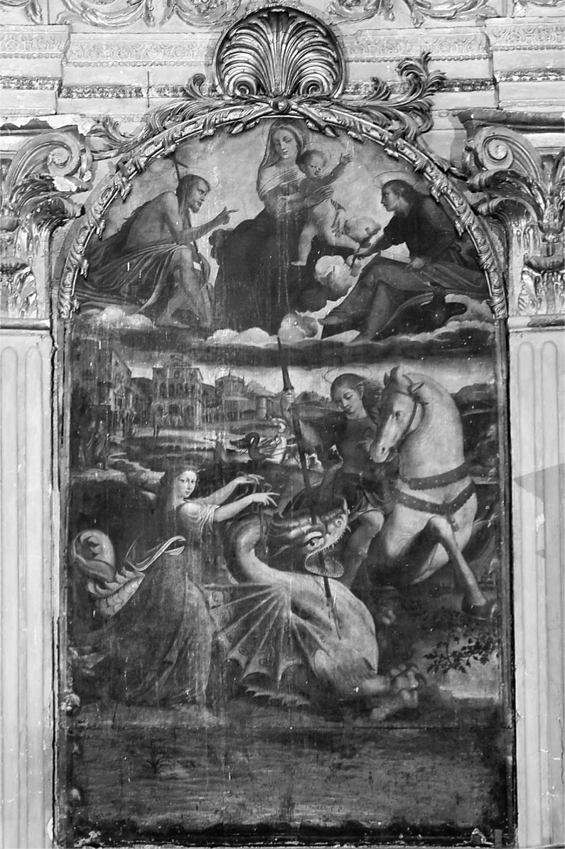 21 Andrea Sabatini da Salerno e Severo Ierace, Madonna col Bambino, i Santi Giovanni Battista ed Evangelista e San Giorgio che uccide il drago e libera la principessa, 1525 ca., olio su tavola. Napoli, chiesa di San Giorgio dei Genovesi