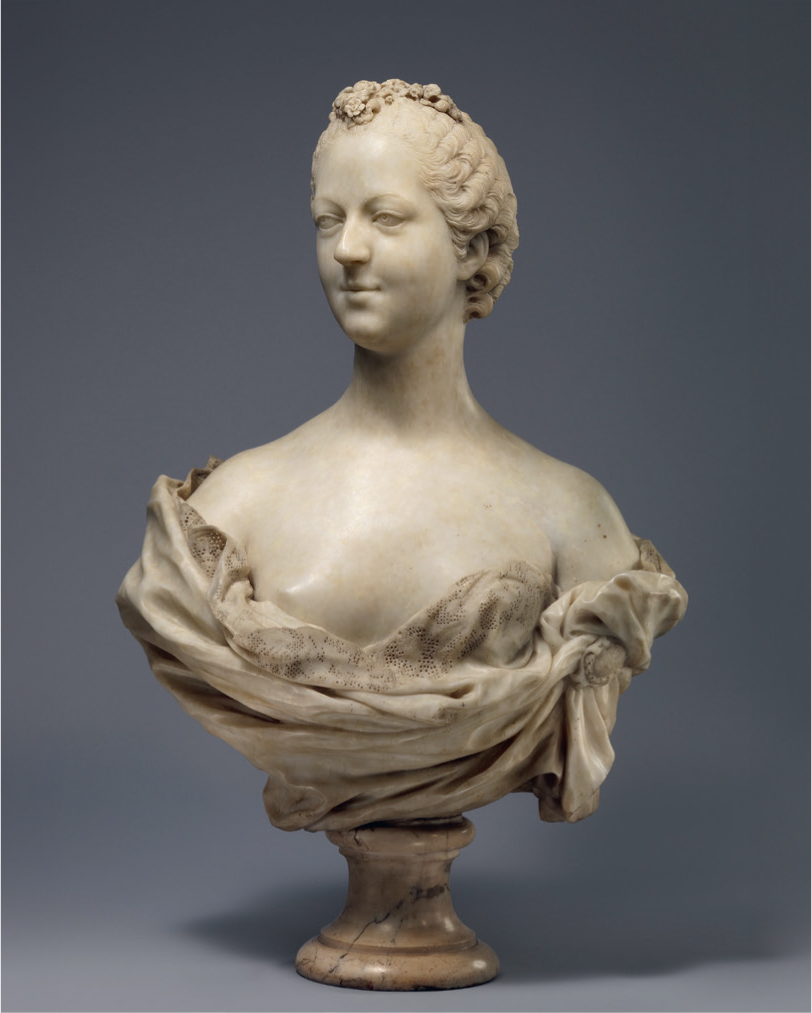 4 
Jean-Baptiste Pigalle, Madame de Pompadour, ca. 1748–1751, white marble, 75.9 × 47.3 × 28.9 cm. New York, The Metropolitan Museum

