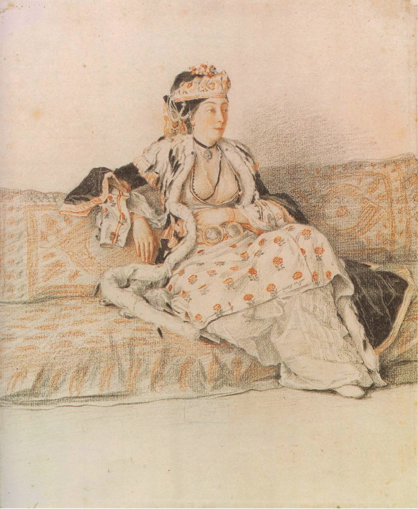 7 
Jean-Étienne Liotard, Lady from Constantinople, Seated in a Divan, ca. 1738–1742, charcoal and red chalk on white paper, 20.6 × 17 cm. Paris, Louvre, Département des Arts graphiques
