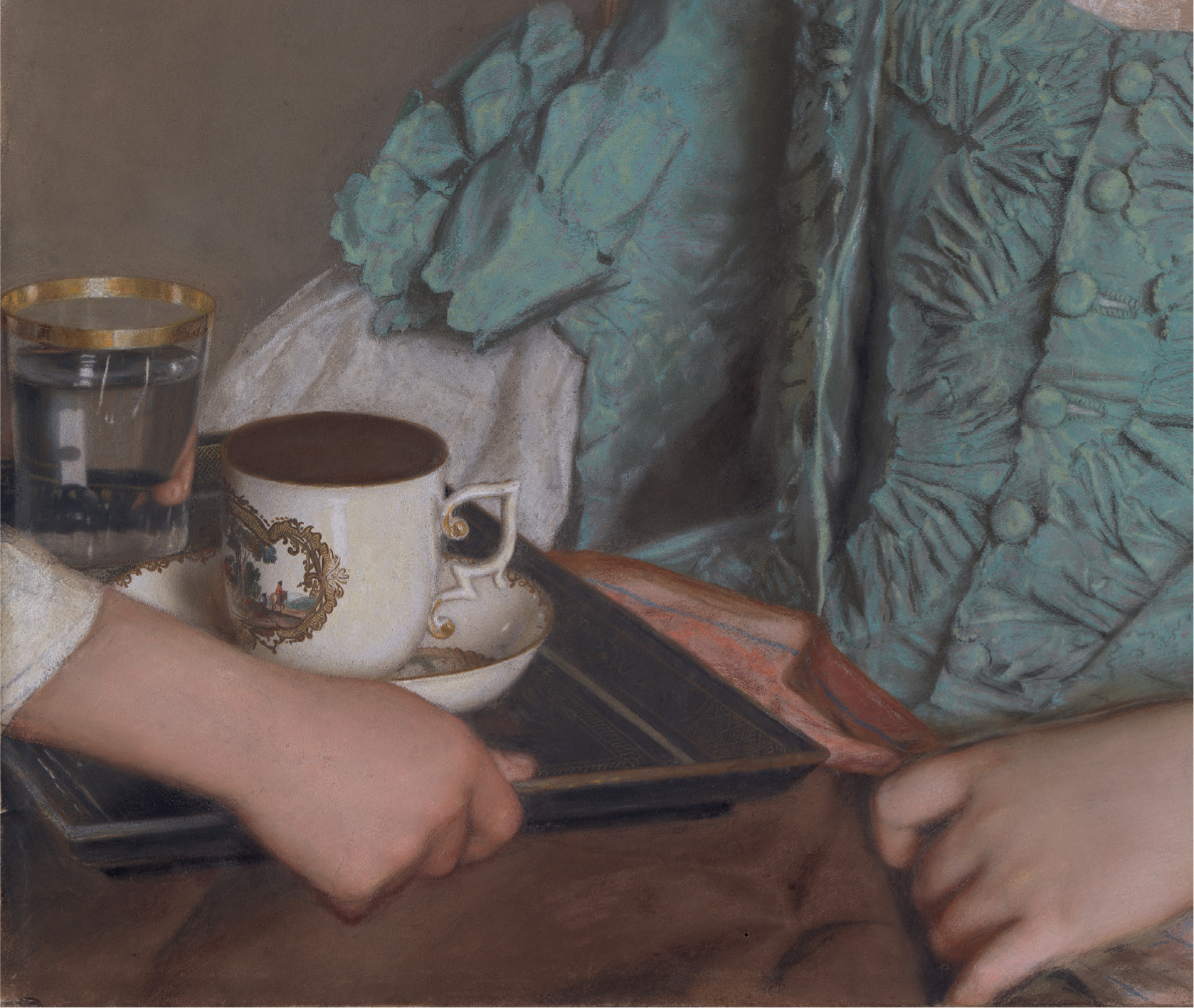 10 
Detail of the tray and dress from Jean-Étienne Liotard, The Breakfast (“Portrait d’une Dame prenant du Chocolat”; fig. 9)
