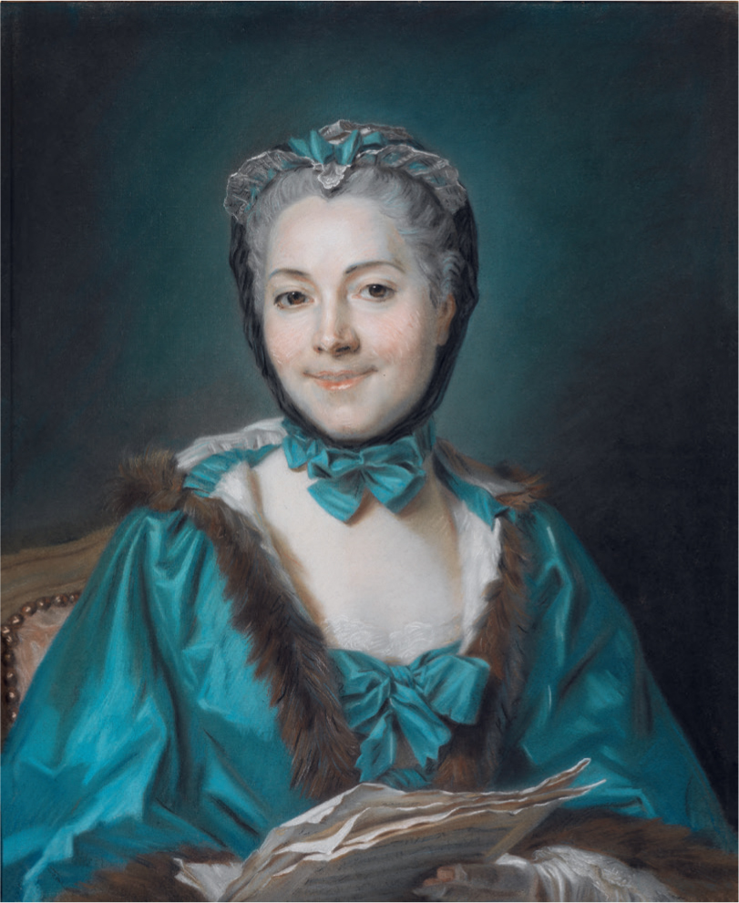 17 
Maurice-Quentin de La Tour, Marguerite Le Comte, ca. 1752–1753, pastel on blue paper, mounted on canvas, 64.8 × 62.5 cm. Karlsruhe, Staatliche Kunsthalle
