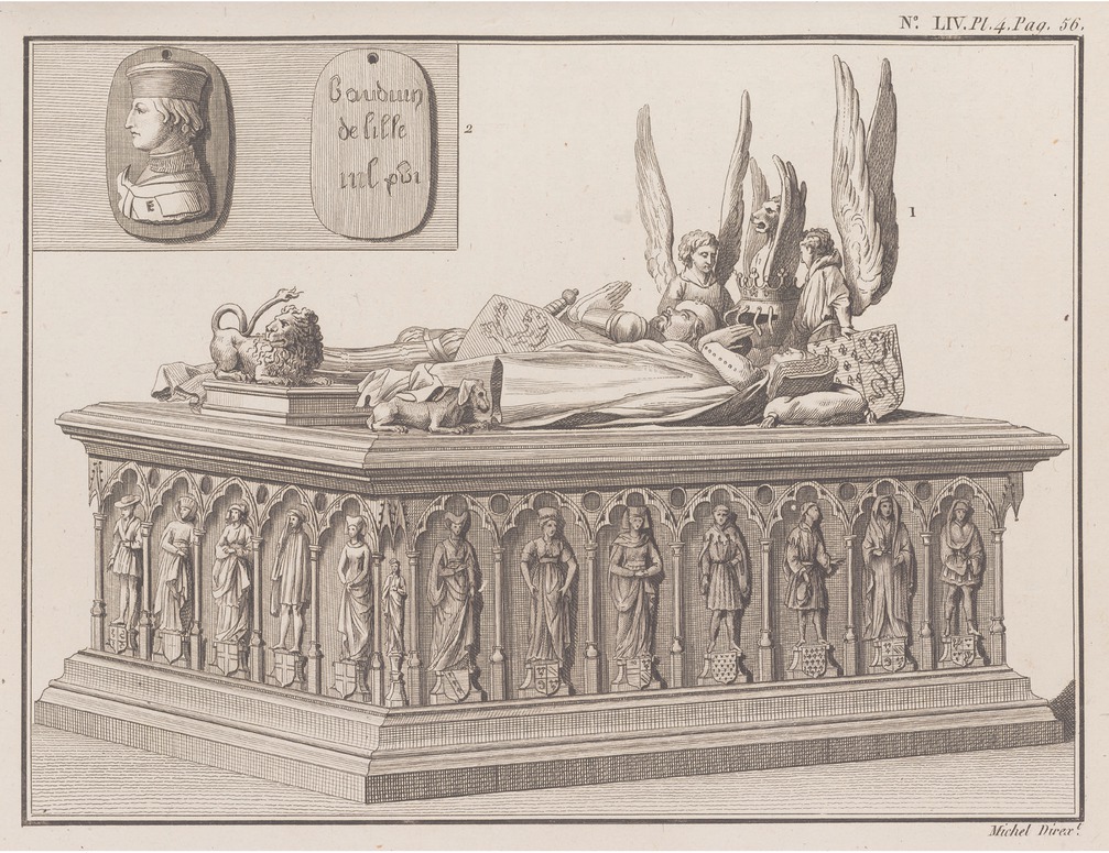 1 Jacob van Gerines, Tomb of Louis of Mâle and Margaret of Brabant, Count and Countess of Flanders, and Margaret of Flanders, Duchess of Burgundy, 1453–1455, brass and Antoing stone, dimensions unrecorded. Formerly Lille, St. Peter’s Church, engraving from Millin 1790 – 1799 (as in note 19), vol. 5, pt. LIV, pl. 4