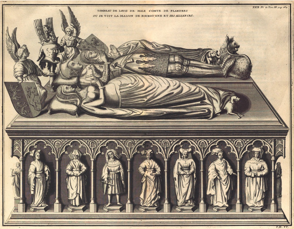 2 Jacob van Gerines, Tomb of Louis of Mâle and Margaret of Brabant, Count and Countess of Flanders, and Margaret of Flanders, Duchess of Burgundy, 1453–1455, brass and Antoing stone, dimensions unrecorded. Formerly Lille, St. Peter’s Church, engraving from De Montfaucon 1729 – 1733 (as in note 18), vol. 3, 184, pl. 29