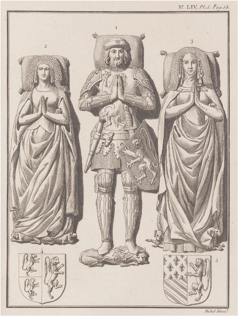 3 Jacob van Gerines, Effigies of Louis of Mâle and Margaret of Brabant, Count and Countess of Flanders, and Margaret of Flanders, Duchess of Burgundy, 1453–1455, brass, dimensions unrecorded. Formerly Lille, St. Peter’s Church, engraving from Millin 1790 – 1799 (as in note 19), vol. 5, pt. LIV, pl. 5