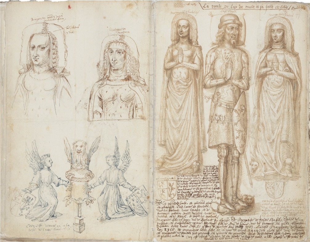 4 Antoine de Succa, Effigies and Angels from the Tomb of Louis of Mâle and Margaret of Brabant, Count and Countess of Flanders, and Margaret of Flanders, Duchess of Burgundy, 1602, drawings from the Mémoriaux, fols. 54v –55r. Brussels, Royal Library of Belgium – Manuscripts Department, MS II 1862/1