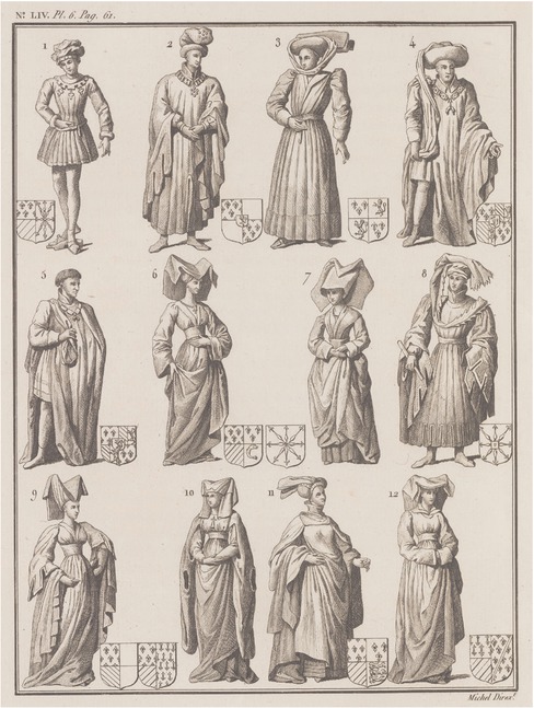 5 Jacob van Gerines, ‘Mourners’ from the Tomb of Louis of Mâle and Margaret of Brabant, Count and Countess of Flanders, and Margaret of Flanders, Duchess of Burgundy, 1453–1455, brass, dimensions unrecorded. Formerly Lille, St. Peter’s Church, engraving from Millin 1790 – 1799 (as in note 19), vol. 5, pt. LIV, pl. 6