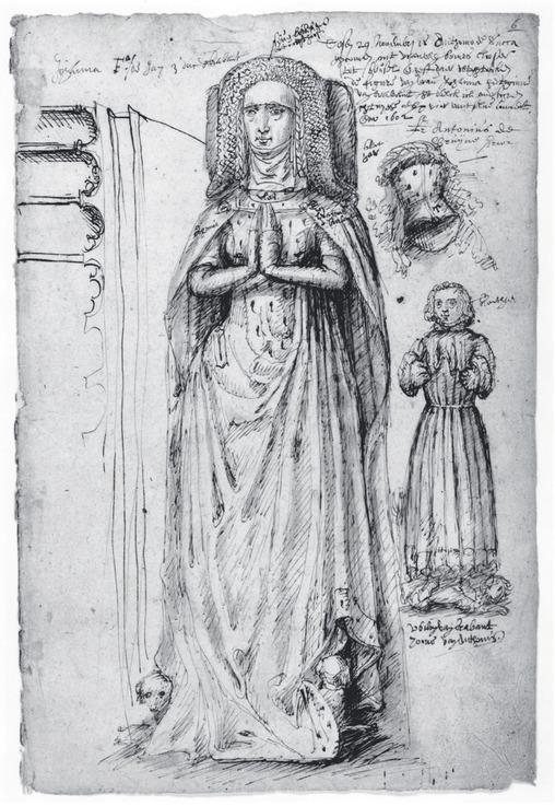 9 Antoine de Succa, Effigies from Tomb of Joanna, Duchess of Brabant, and William of Burgundy, 1602, drawings from the Mémoriaux, fol. 74r. Brussels, Royal Library of Belgium – Manuscripts Department, MS II 1862/1