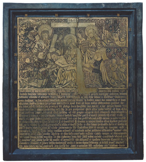 10 Southern Netherlandish, Foundation Memorial of Isabella of Portugal, Duchess of Burgundy, after 1440, engraved brass in black limestone frame, 122.5 × 102.5 cm (excluding frame). Basel, Historisches Museum, inv. no. 1870.673