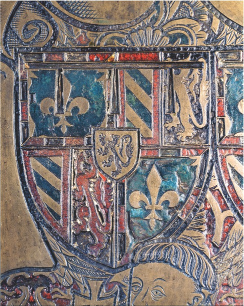 11 Southern Netherlandish, Detail of Heraldry on Foundation Memorial of Isabella of Portugal, Duchess of Burgundy, after 1440, engraved brass in black limestone frame, 122.5 × 102.5 cm (excluding frame). Basel, Historisches Museum, inv. no. 1870.673