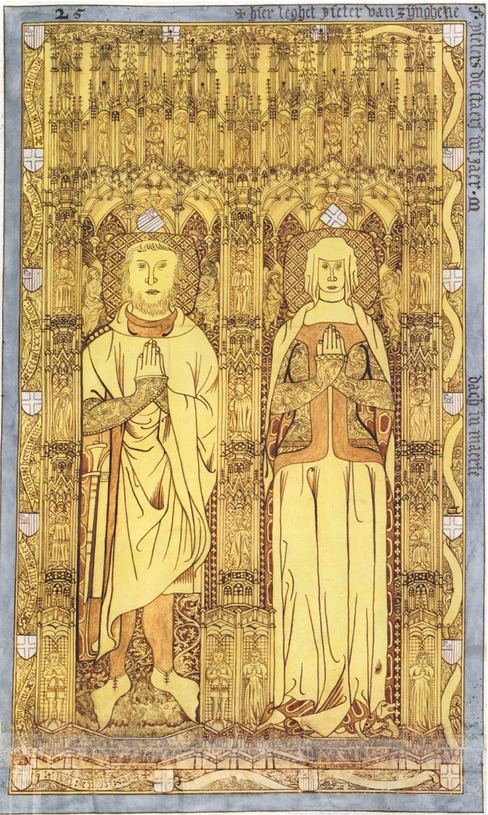 14 Monumental Brass of Jan and Margaret van Zynghene, ca. 1372, engraved brass plate on black limestone slab, dimensions unrecorded. Formerly Bruges, St. Walburga’s Church, drawing from Bruges Public Library, Hs. 455, 59