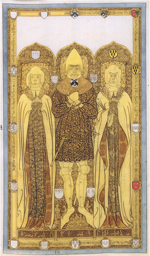 15 Monumental Brass of Michiel van Assenede, Adriane Stat, and Elisabeth van Aertrycke, ca. 1382, engraved brass plate on black limestone slab, dimensions unrecorded. Formerly Bruges, St. Walburga’s Church, drawing from Bruges Public Library, Hs. 455, 59