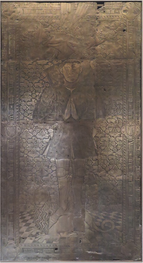 16 Monumental Brass of Maarten de Visch van der Capelle, ca. 1453, engraved brass, 244 × 126 cm. St. Saviour’s Cathedral, Bruges