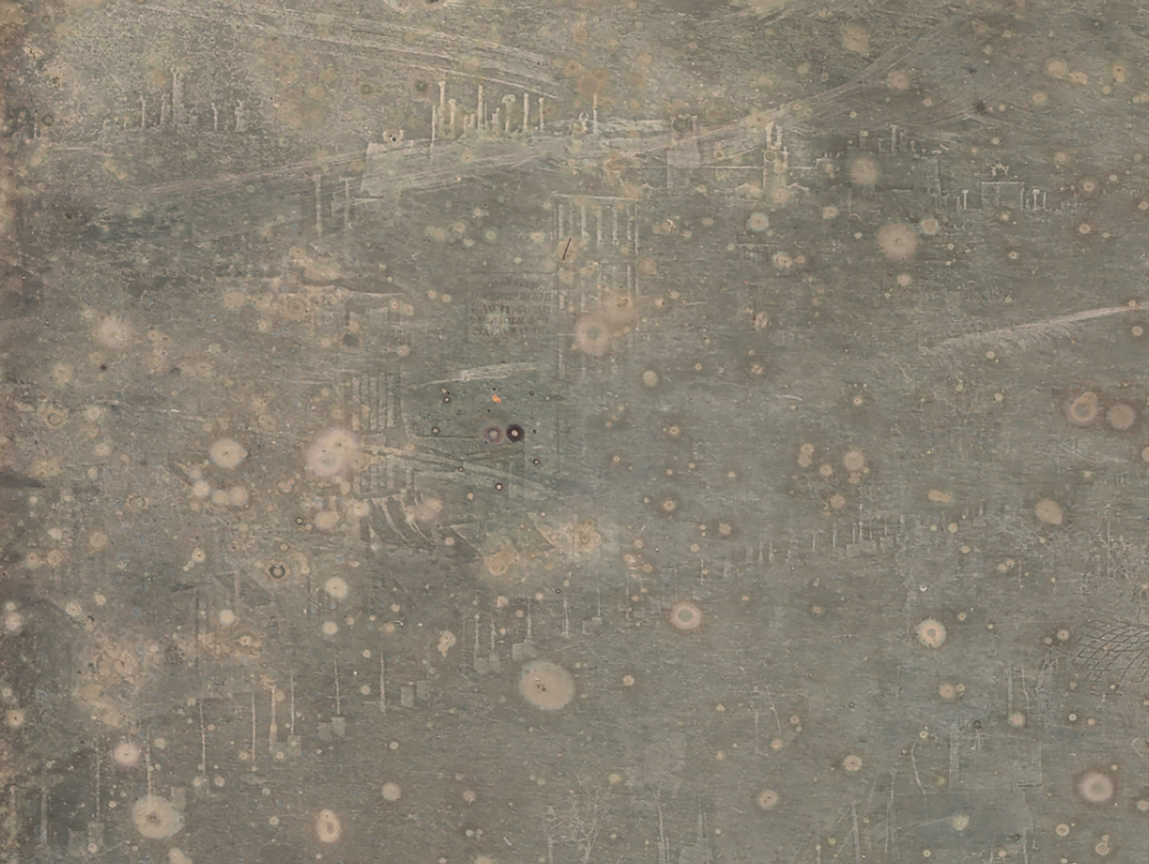 7 
Detail from the upper left corner of fig. 6, showing some traces of the original photographic information in Daguerre’s Vue du Boulevard du Temple