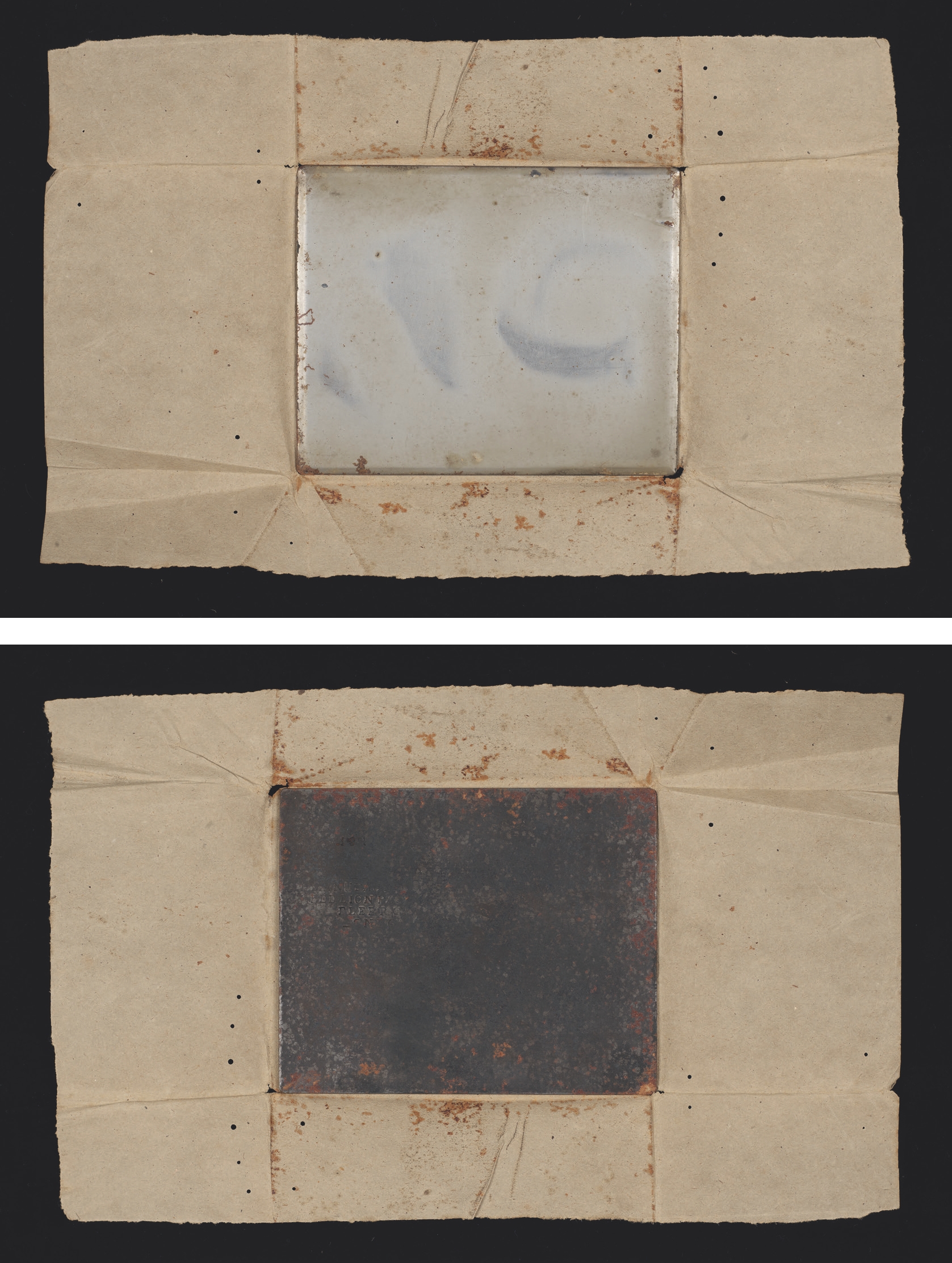 6a – b 
Verso (a) and recto (b) of a waxed steel plate with bevelled edges, stamp on the verso of Hughes & Kimber, London, 10 × 13 cm. Oxford, Bodleian Libraries, MS WHF Talbot 67