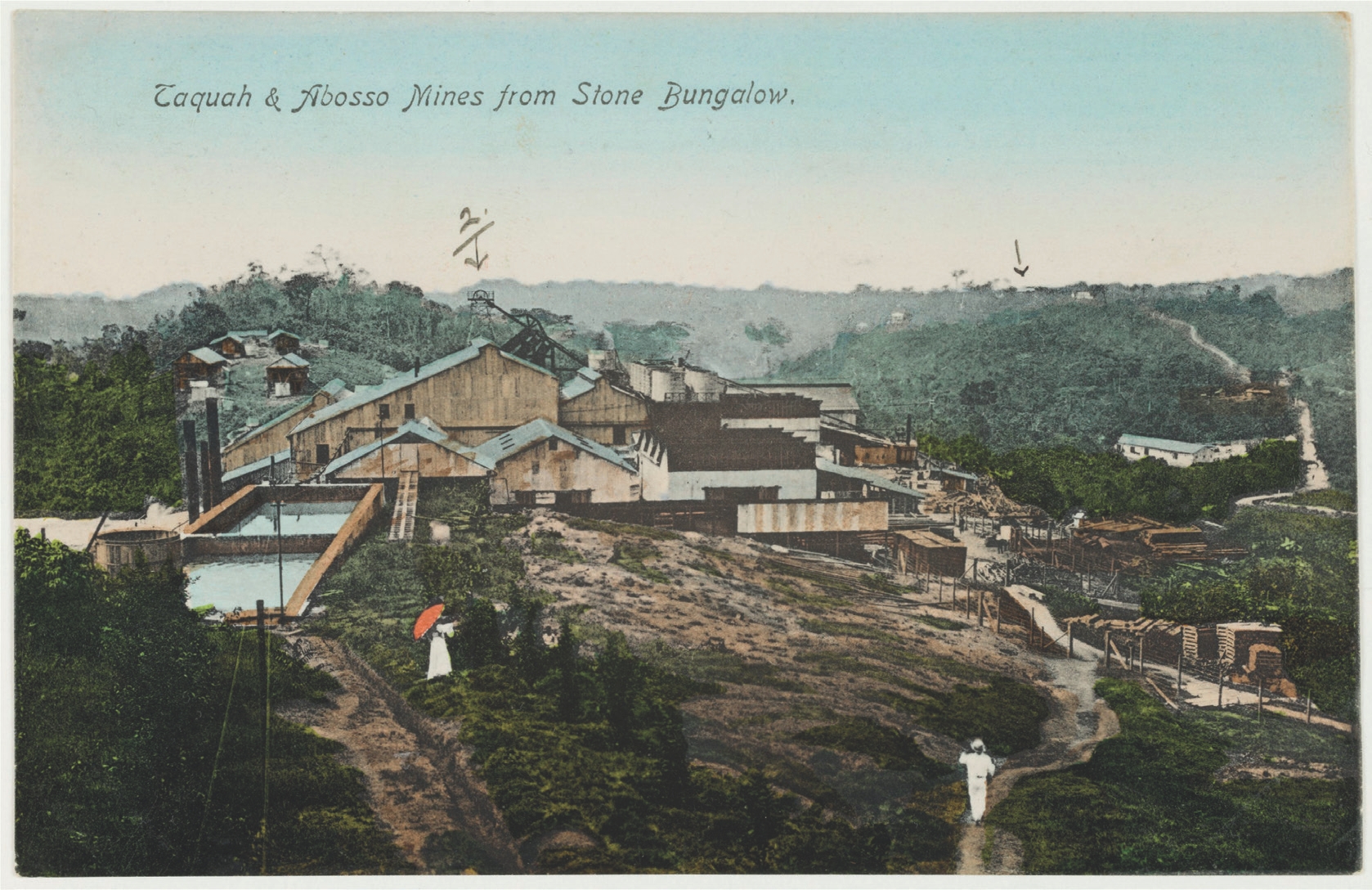 5 
Jacob Vitta, Taquah and Abosso Mines from Stone Bungalow, 1908, collotype print, 8.9 × 13.7 cm. Author’s collection