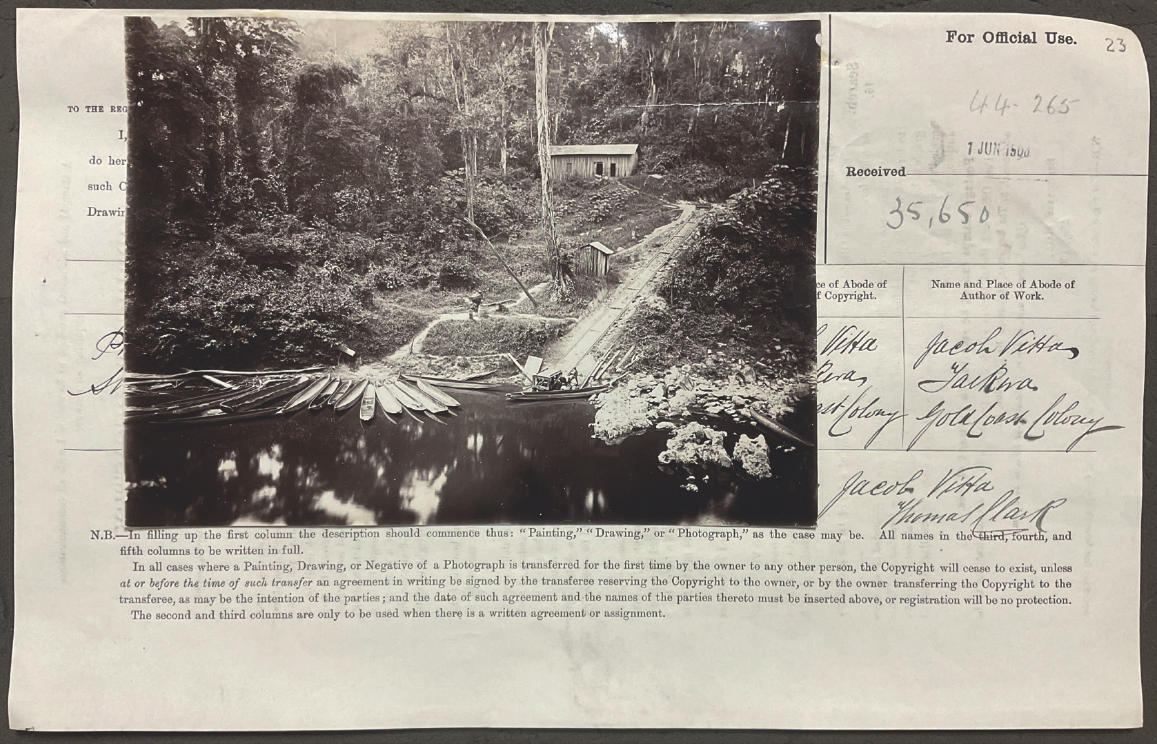6 
Copyright registration form with attached photograph: Jacob Vitta, Photograph. The Landing Stage Broomasi Mines, ca. 1904, albumen print, 14.9 × 20.3 cm. Kew, London, The National Archives, COPY 1/498/23