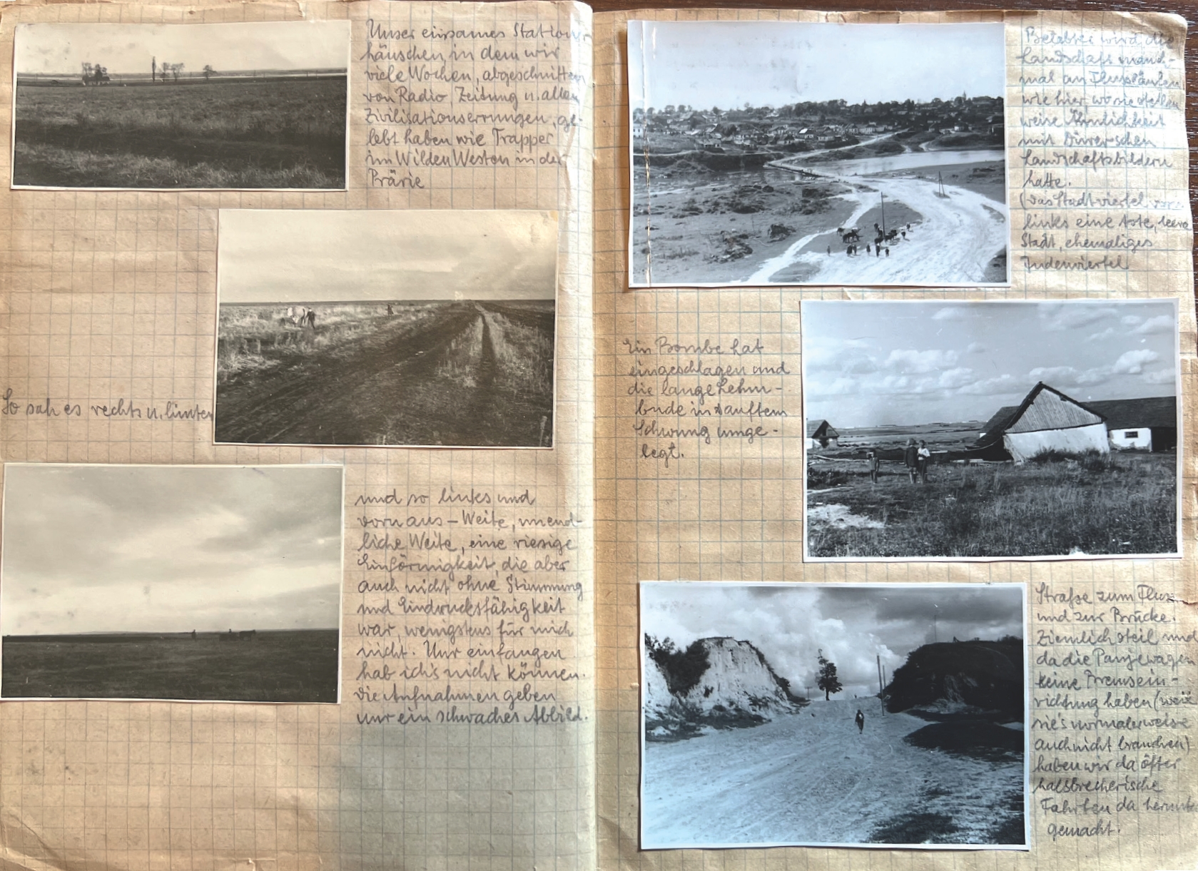 8 
Fritz Heinze, War Diary page showing landscape photographs including, at the upper right, a view of the city of Zviahel, 1941. Private collection