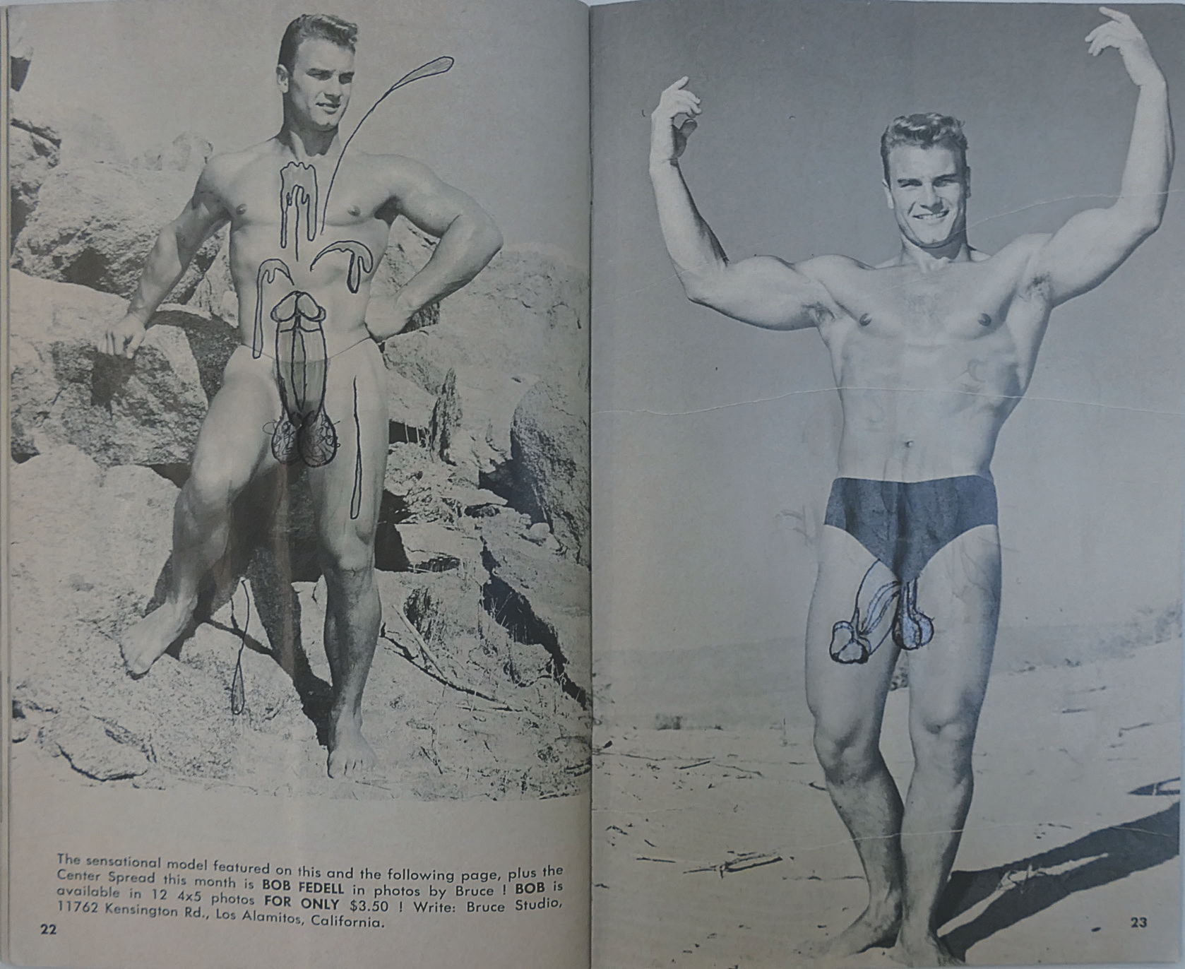 8 
Spread with drawings in Manual, no. 59, December 1964, 22–23, creator’s name no longer known. Los Angeles, ONE National Gay & Lesbian Archives at the USC Libraries, Graphic Albums Collection, coll. no. 2008-046, box 9