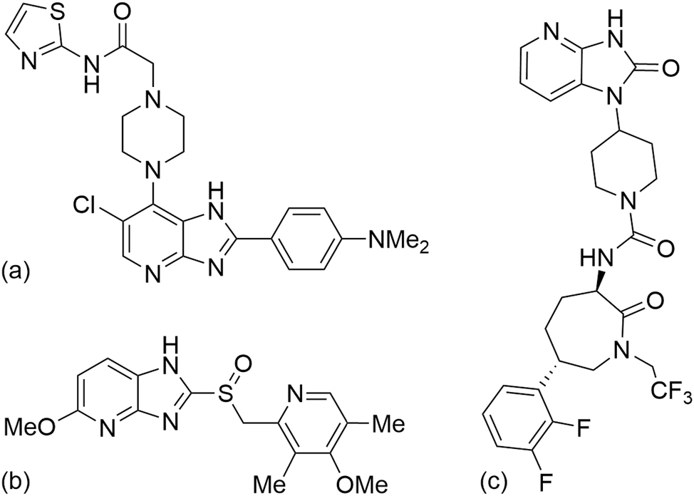 Figure 1: 
Chemical diagrams for potential drugs constructed about the imidazo[4,5-b]pyridine scaffold: (a) (2-(4-(6-chloro-2-(4-(dimethylamino)phenyl)-3H-imidazo[4,5-b]pyridin-7-yl)piperazin-1-yl)-N-(thiazol-2-yl)acetamide), (b) Tenatoprazole (5-methoxy-2-[(4-methoxy-3,5-dimethylpyridin-2-yl)methylsulfinyl]-1H-imidazo[4,5-b]pyridine) and (c) Telcagepant (N-[(3R,6S)-6-(2,3-difluorophenyl)-2-oxo-1-(2,2,2-trifluoroethyl)azepan-3-yl]-4-(2-oxo-3H-imidazo[4,5-b]pyridin-1-yl)piperidine-1-carboxamide).
