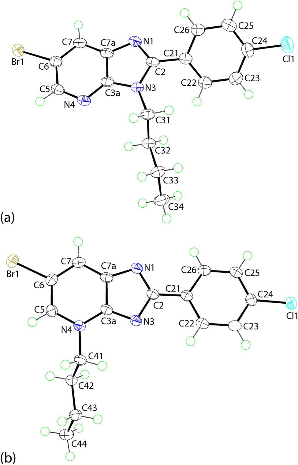 Figure 2: 
The molecular structures of regioisomeric (a) 2 and (b) 3 showing atom labelling schemes and 70 % anisotropic displacement parameters.
