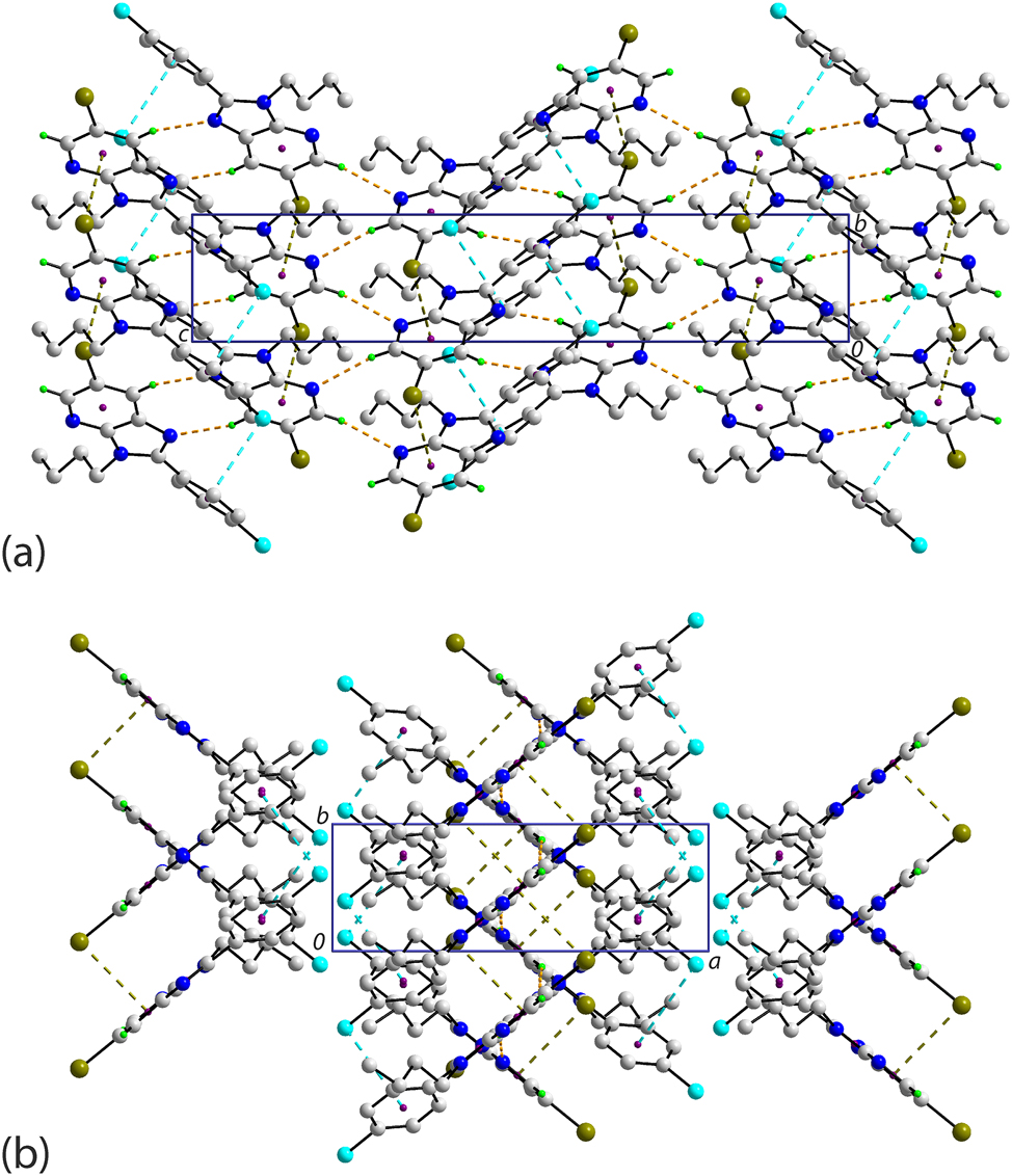 Figure 6: 
Molecular packing in the crystal of 3 viewed in projection down the (a) b-axis and (b) c-axis. The C–H⋯N, C–H⋯π, C–Br⋯π and C–Cl⋯π interactions are highlighted as orange, purple, olive and cyan dashed lines, respectively. Non-participating H atoms are omitted for clarity.
