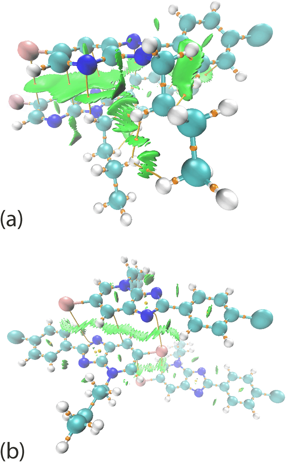 Figure 11: 
The combined QTAIM-NCI mapping between the stacking molecules in (a) 2 and (b) 3, showing the connections represented by line critical points between the stacked molecules.
