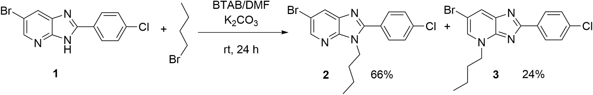 Scheme 1: 
Condensation products 2 and 3 isolated from the reaction of 6-bromo-2-(4-chlorophenyl)-3H-imidazo[4,5-b]pyridine (1) with 1-bromobutane under PTC conditions.

