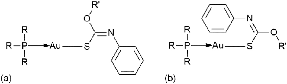 Figure 1: 
Chemical diagrams for the conformational polymorphs for R3PAu[SC(OR’)=NPh].
