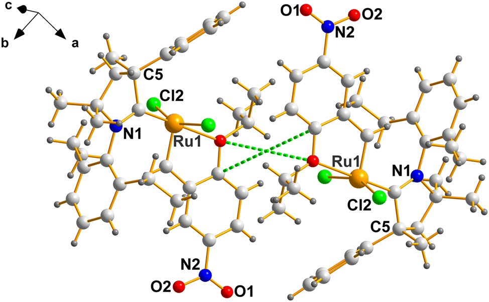 Figure 2: 
A labelled view of a centrosymmetrically related pair in QEGBUC. The center of symmetry is located at the intersection of the dotted green lines – (½, 0, 0).
