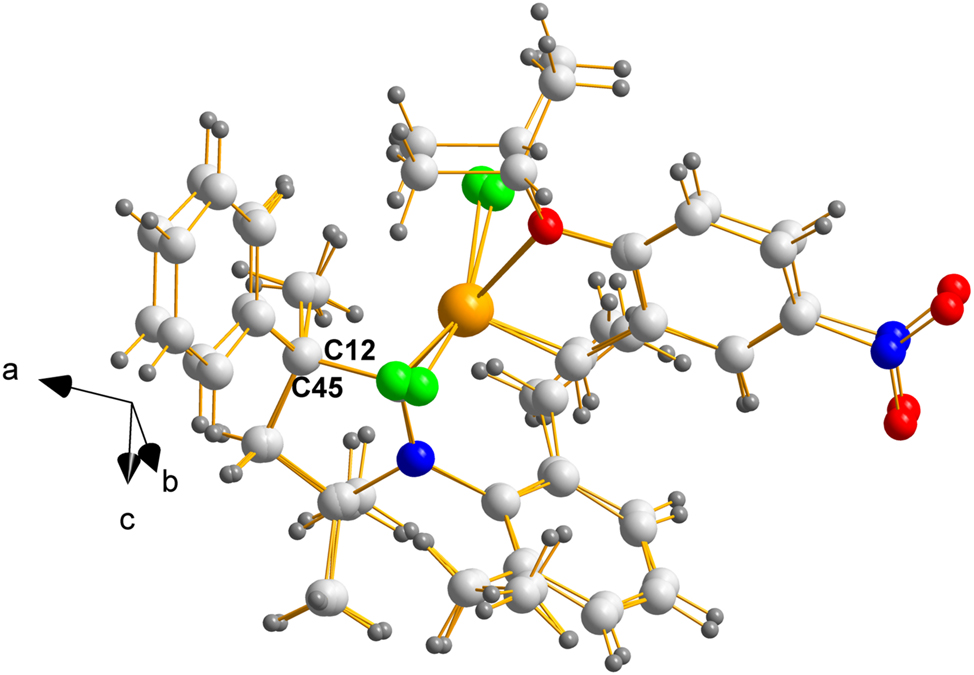Figure 3: 
Overlay of mol2 on mol1 of REPTIT displaying the chiral (S) carbons labelled C12 and C45. The fit is remarkably good given the large dangling groups, held to the central portion by single bonds.
