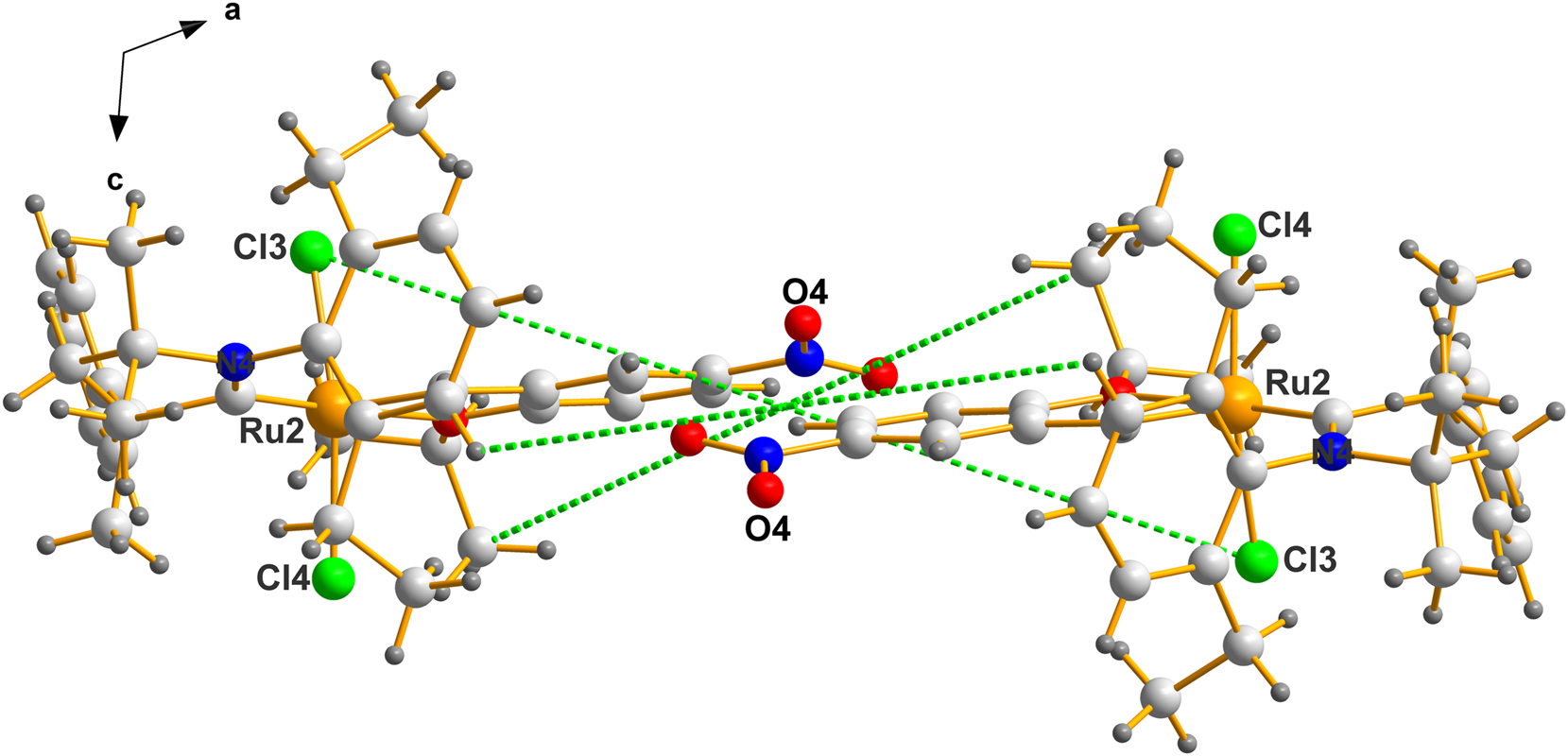Figure 5: 
The center of mass of this fragment is located at (0.5000, 0.4741, 0.0000). Note the labels of the atoms selected above. The molecules crystallize in a fashion close to being a true racemic pair.

