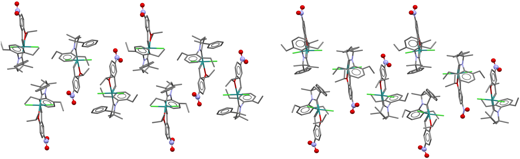 Figure 6: 
A comparison showing the similarity of packing in QEGBUC (P21/n) left and pseudo-racemic REPTIT (P21, Z′ = 2) right.
