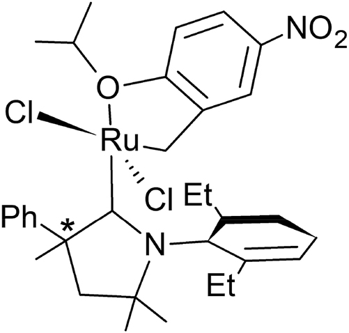 Scheme 1: 
The structure of the ruthenium coordination compound considered in this study, with * indicating the chiral center: dichlorido[1-(2,6-diethylphenyl)-3,5,5-trimethyl-3-phenylpyrrolidin-2-ylidene]-({5-nitro-2-[(propan-2-yl)oxy]phenyl}methylidene)ruthenium(II).
