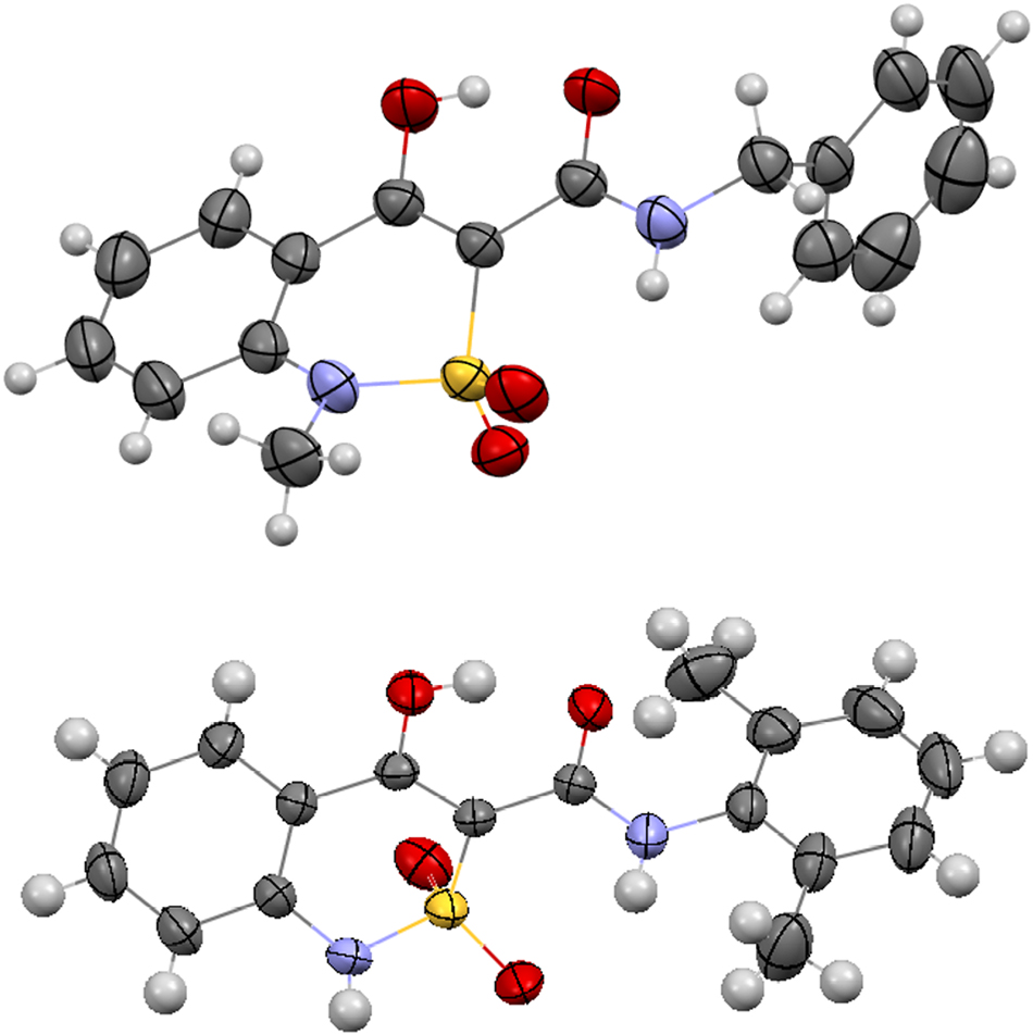 Figure 1: 
Molecular structure of two N-R-4-hydroxy-2,2-dioxo-1Н-2λ6,1-benzothiazine-3-carboxamides crystallized as pure R-enantiomorphic forms.
16
,
17

