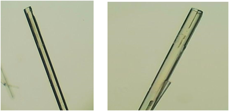 Figure 3: 
The crystals of N-cycloheptyl-4-methyl-2,2-dioxo-1H-2λ6,1-benzothiazine-3-carboxamide enantiomers 7a (on the left) and 7b (on the right).
