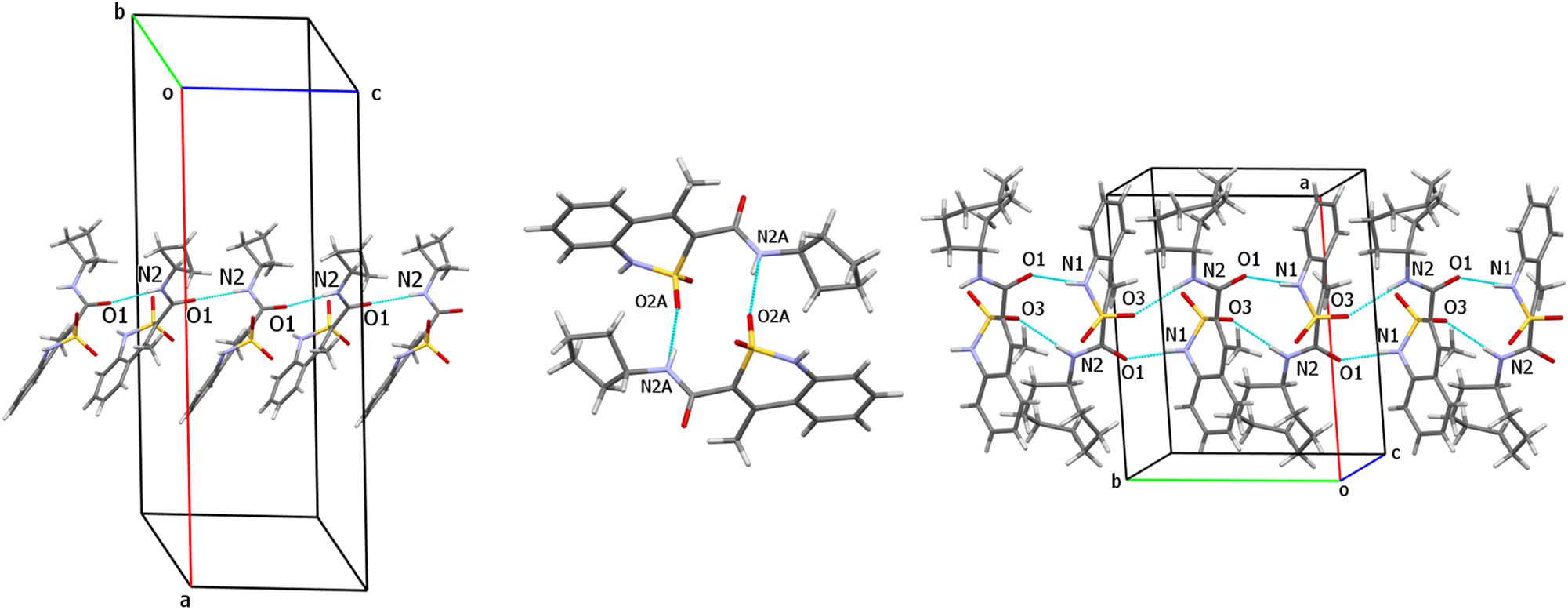 Figure 4: 
Hydrogen bonded structural fragments in crystals 4 (on the left), 5 (in the middle) and 8 (on the right).
