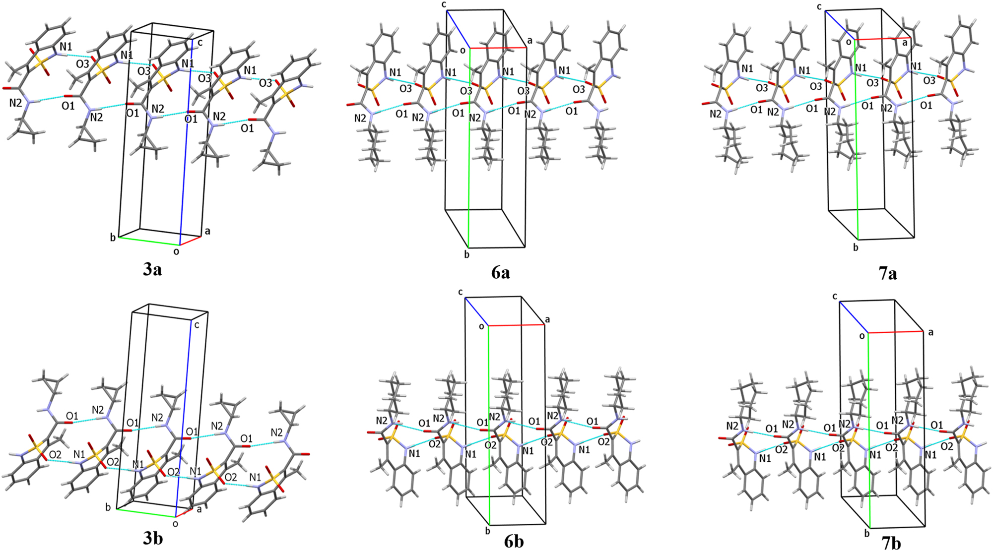 Figure 5: 
Hydrogen bonded structural fragments in enantiomorphic crystals of compounds 3 (on the left), 6 (in the middle) and 7 (on the right).
