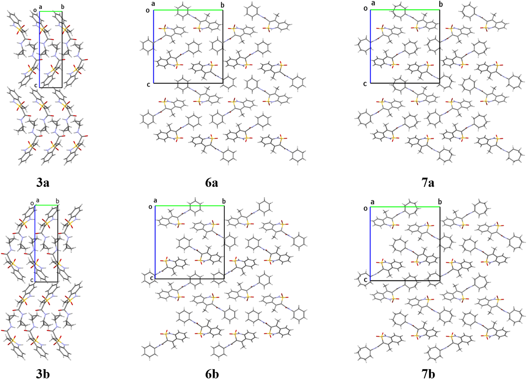 Figure 6: 
Crystal packing of the enantiomorphic structures 3a-3b, 6a-6b, 7a-7b. Projection along the crystallographic a direction.
